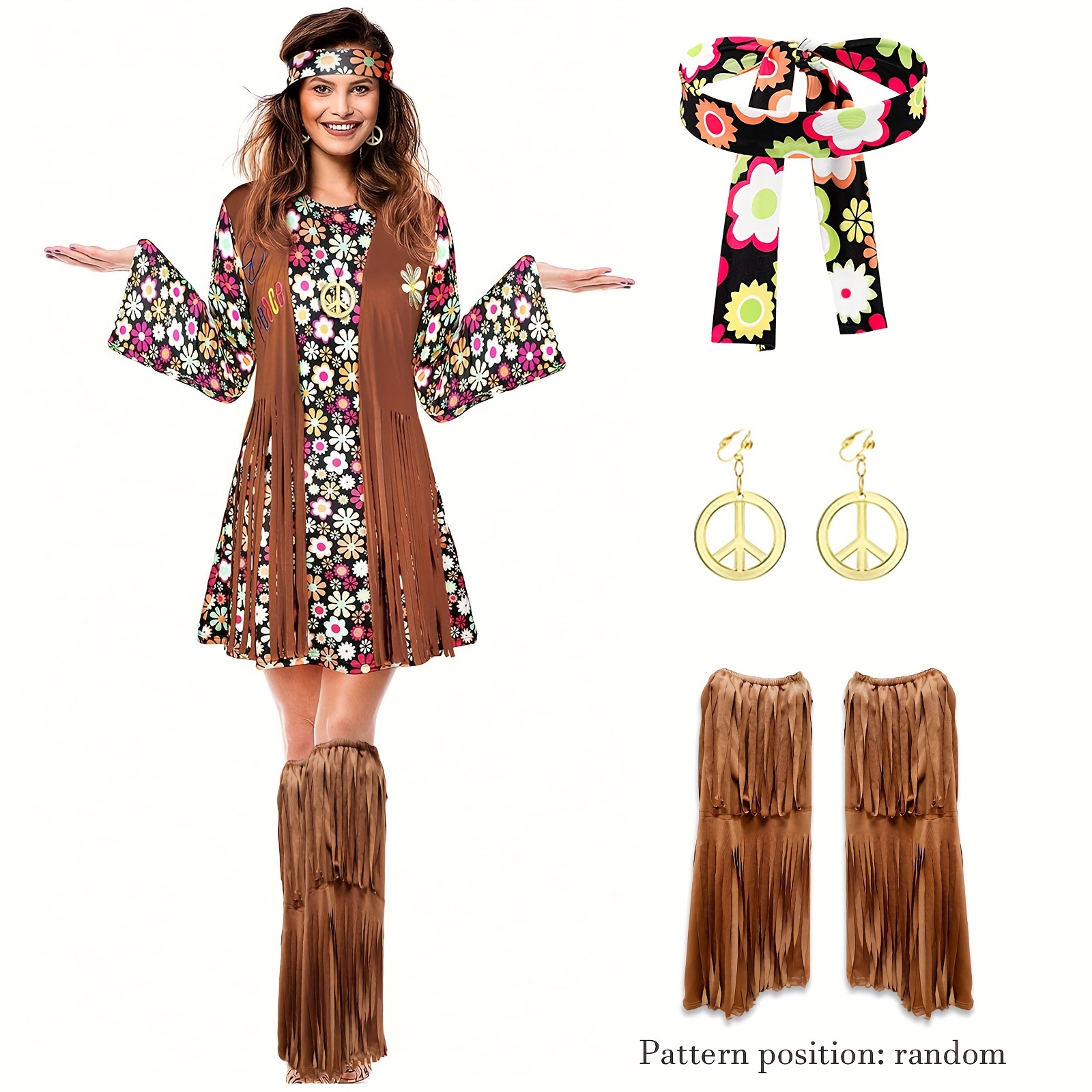 70s Hippie Style Halloween Cosplay Dress, Disco Halloween Costume, Long  Sleeve Abstract Print Dress, Women's Clothing