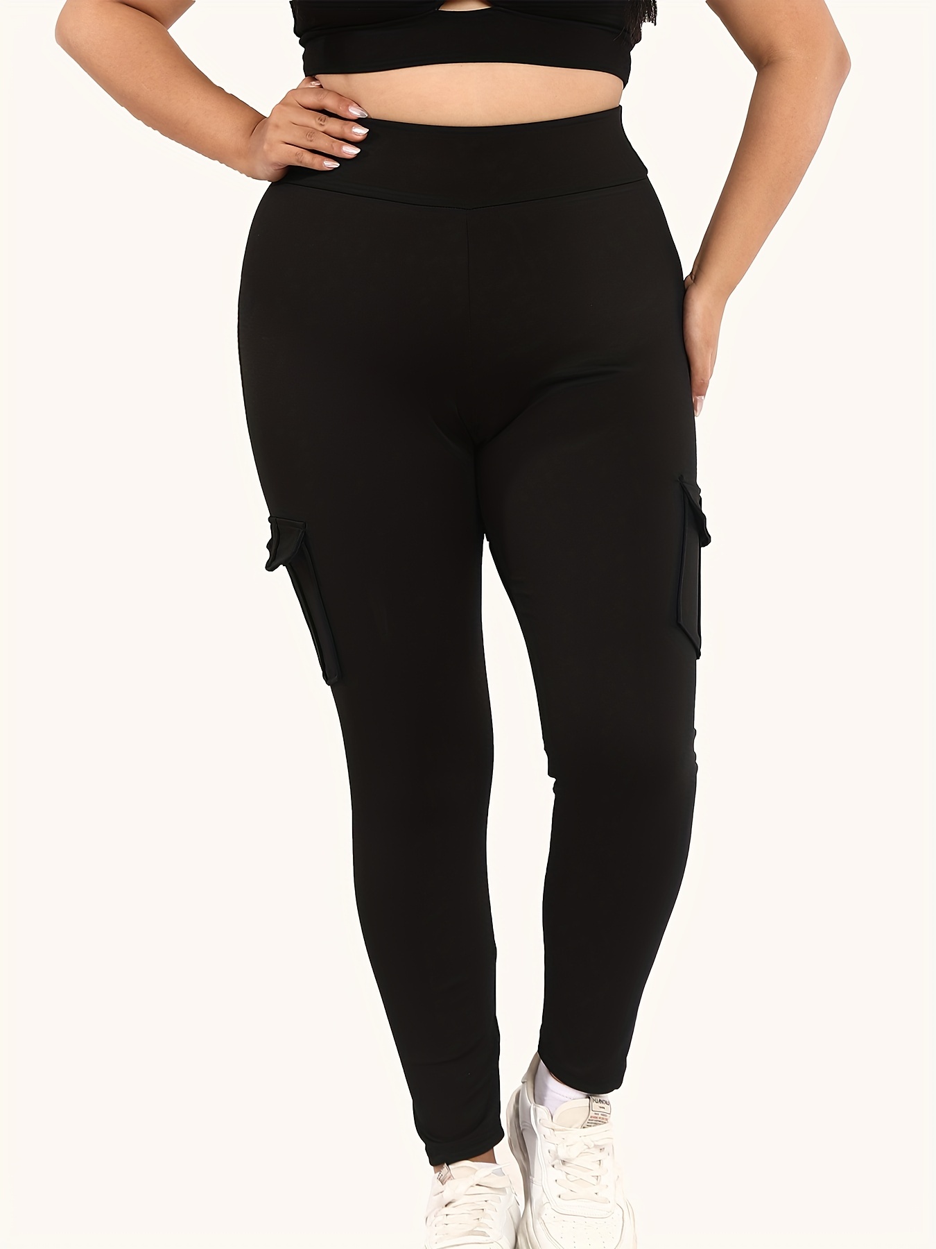 Plus Size Basic Leggings, Women's Plus Solid Wide Waistband Tummy Control  Leggings With Phone Pockets