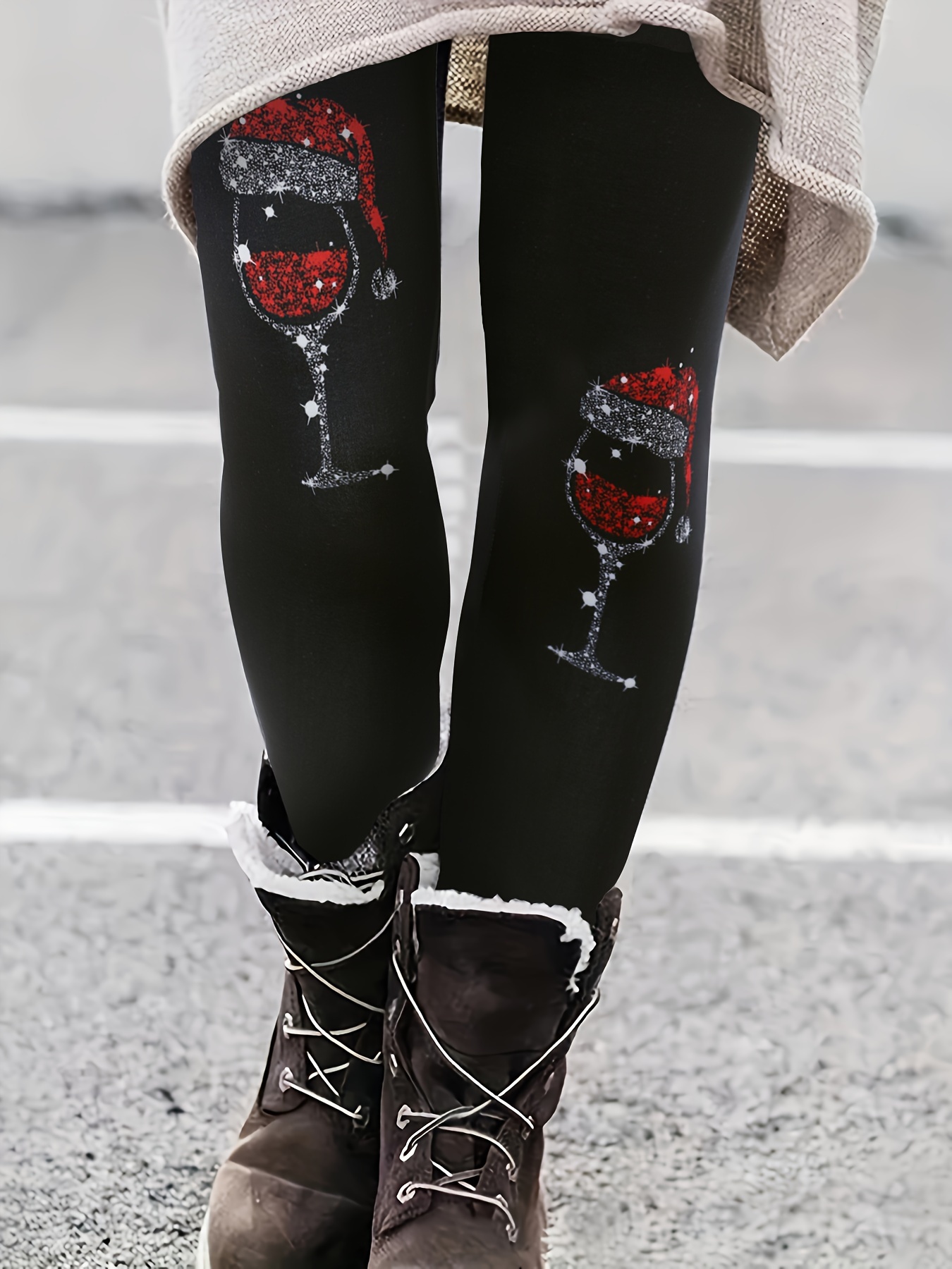 Plus Size Christmas Casual Leggings Women's Plus Wine Glass - Temu