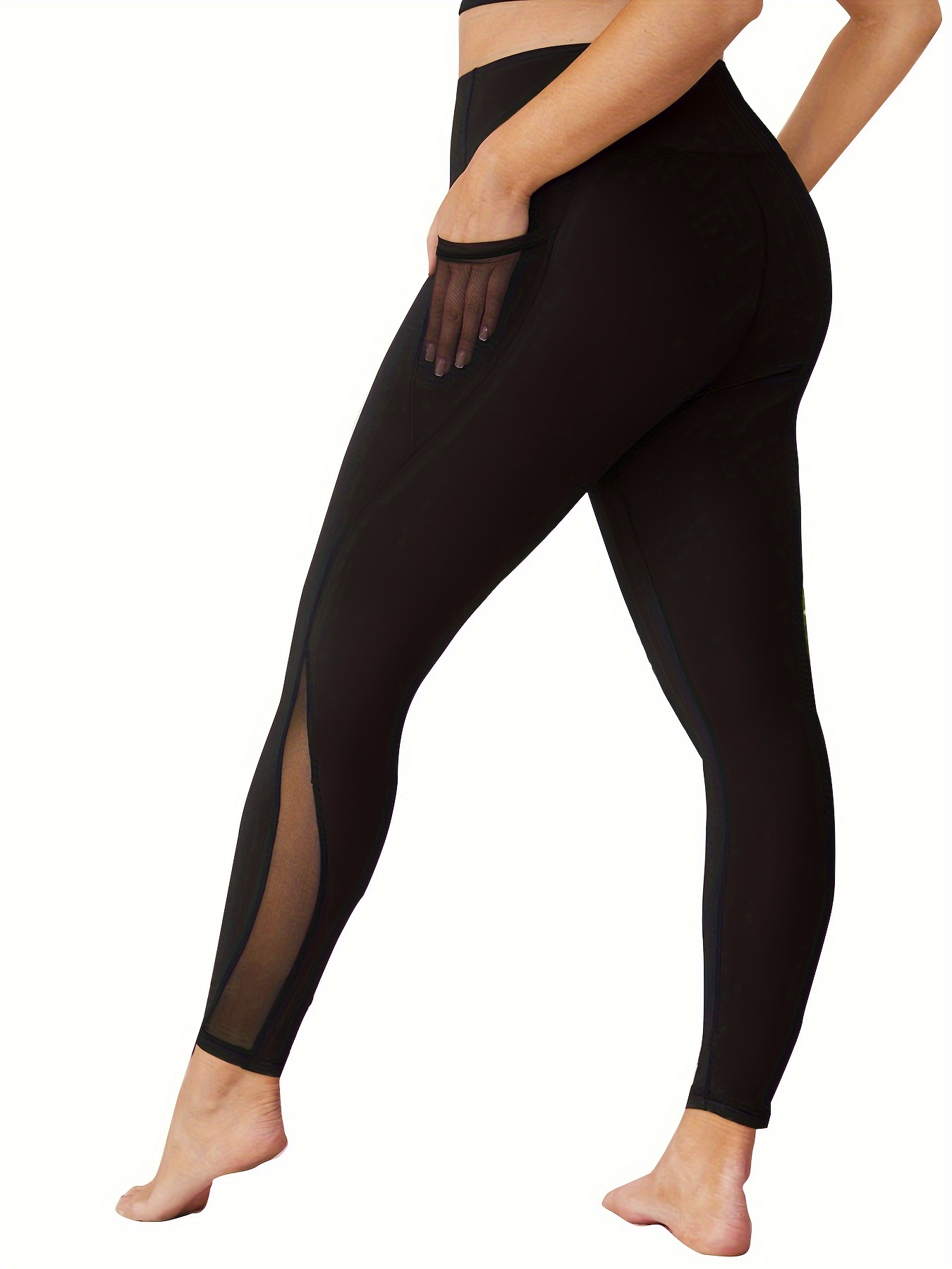 Plus Size Sports Leggings, Women's Plus Solid Wide Waistband High Stretch  Gym Yoga Capri Leggings