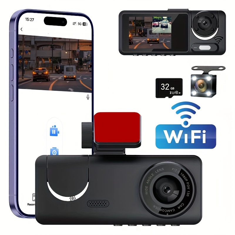 New Wireless Wifi Driving Recorder Dual Lens Hd Night Vision 1080p With  Reversing Image Suction Cup Mounted Car Dvr Camera - Temu