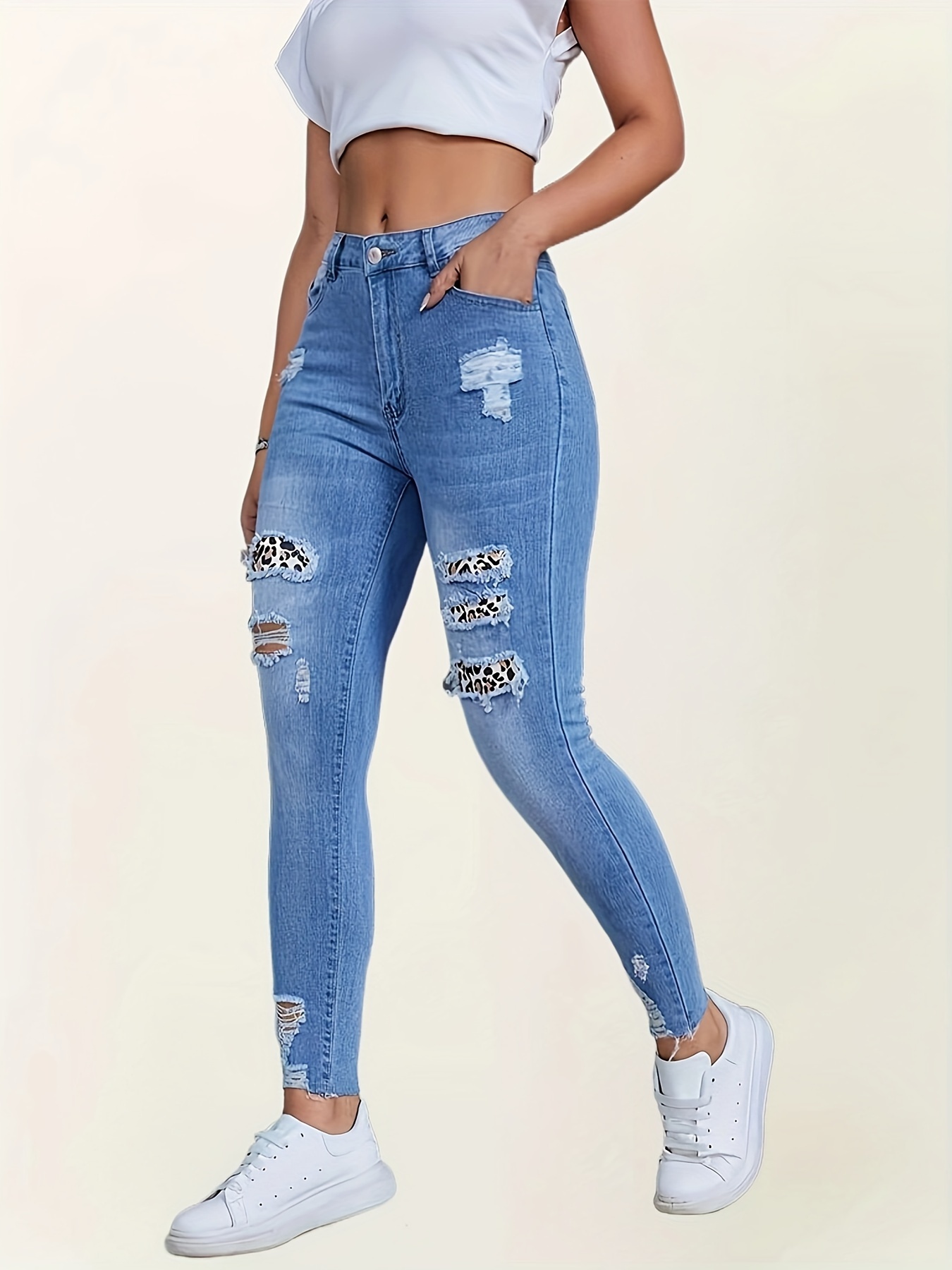 Girls Imitation Denim Print Allover Print Ripped Design - Temu