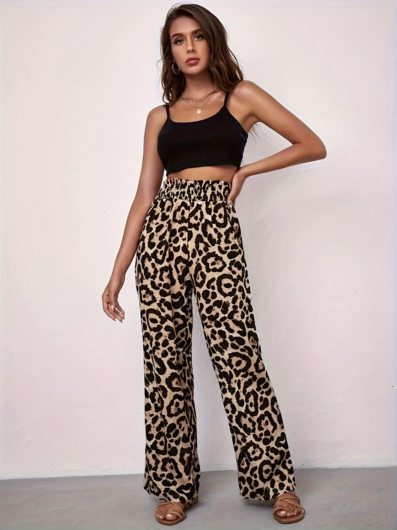 Leopard Print Velvet Flare Leg Pants Elegant Elastic Waist - Temu Canada