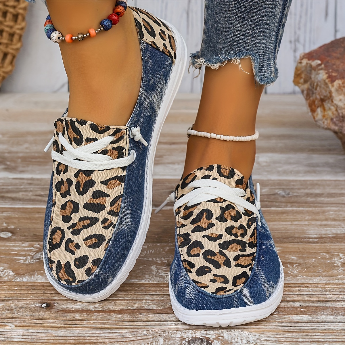 Women's Leopard Printed Canvas Shoes, Casual Round Toe Lace Up Sneakers,  Versatile Low Top Flats