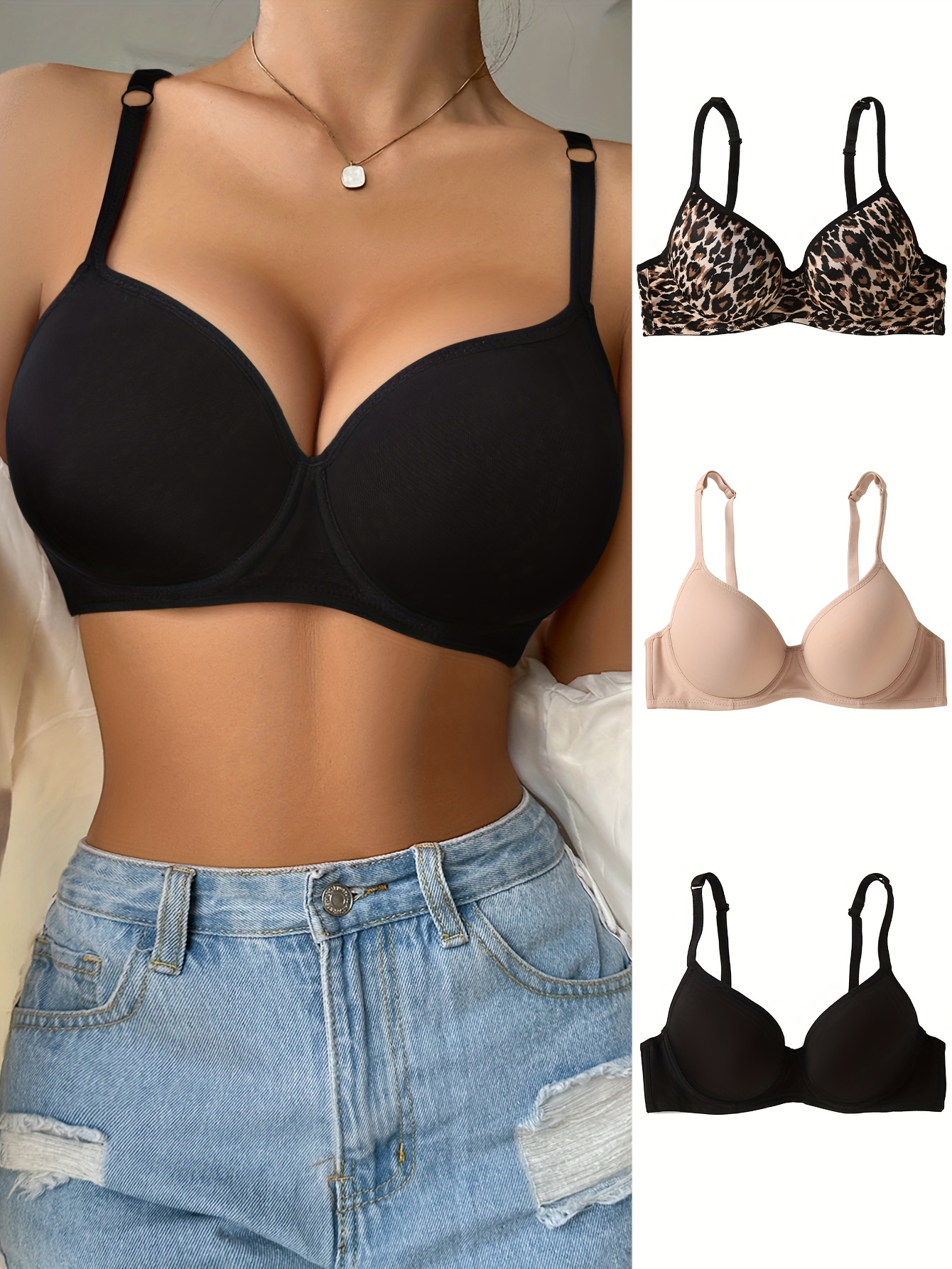 3pcs Contrast Lace Balconette Bras, Push Up Anti-sagging Everyday Bra,  Women's Lingerie & Underwear