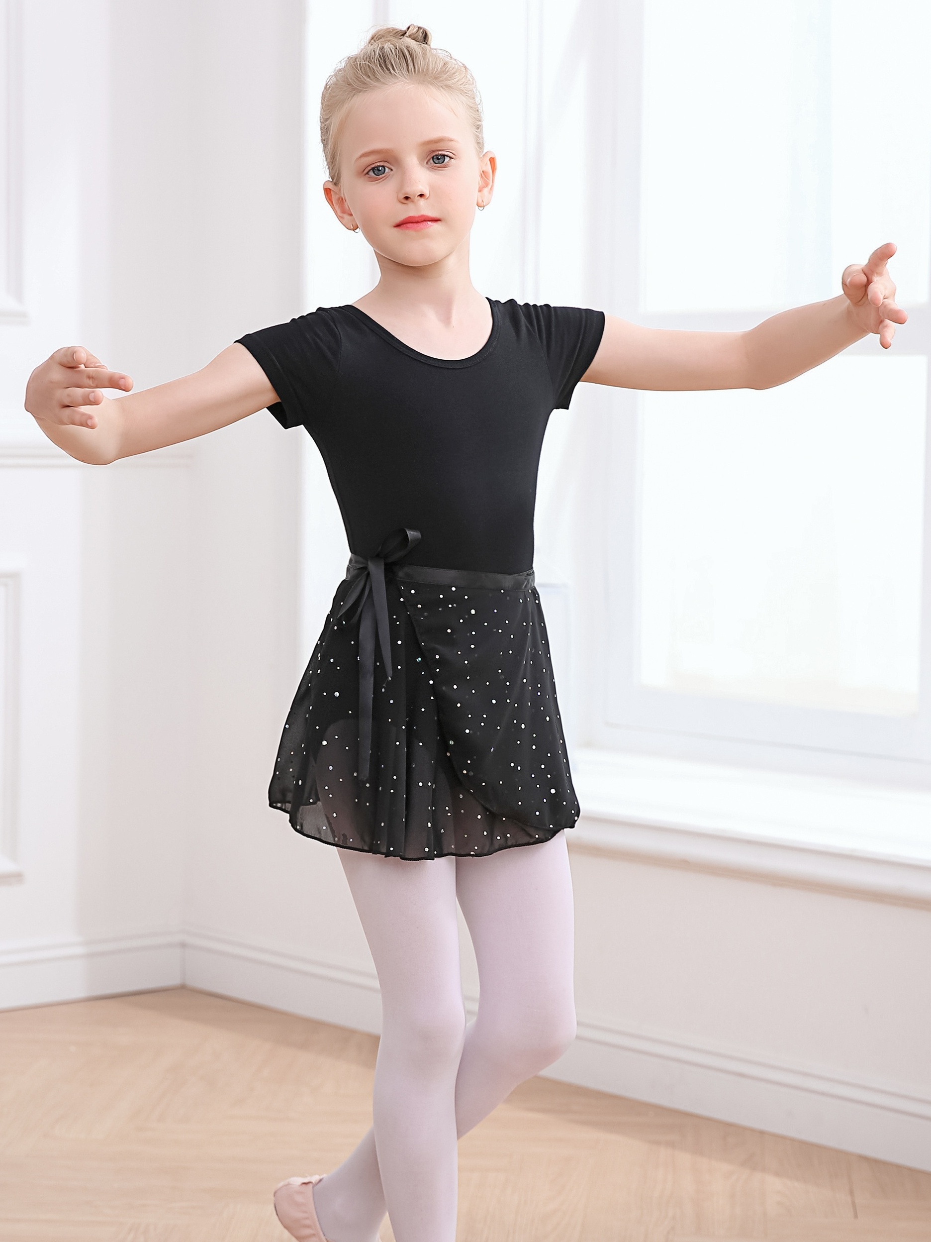 Vestido de baile de patinaje artístico sobre hielo para niñas, manga larga,  falda de tul de malla brillante, camiseta de ballet Unitard de gimnasia