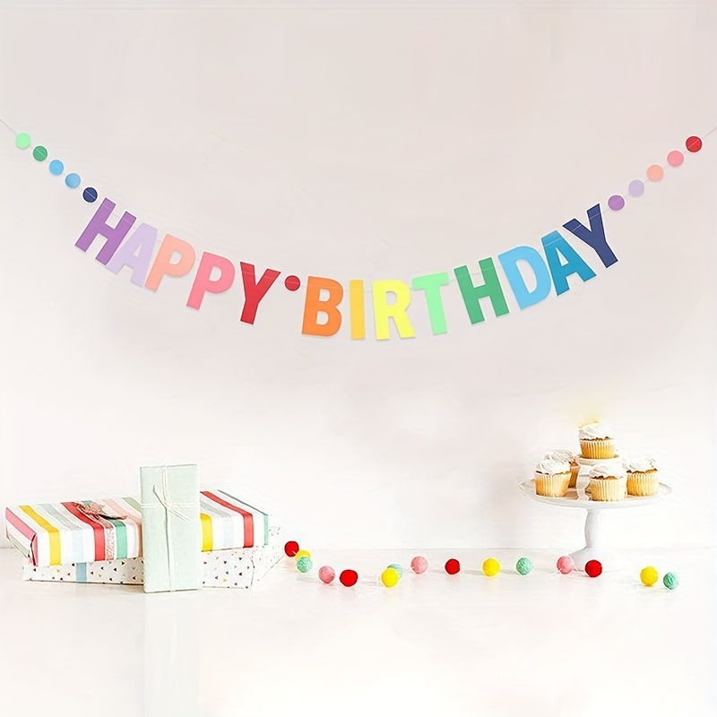  Happy Birthday Banner with Paper Pom Poms Cake Topper, Rainbow  Happy Birthday Banner, Colorful Circle Paper Garland with Triangle Flags  for Birthday Party Supplies, Happy Birthday Decorations : Office Products