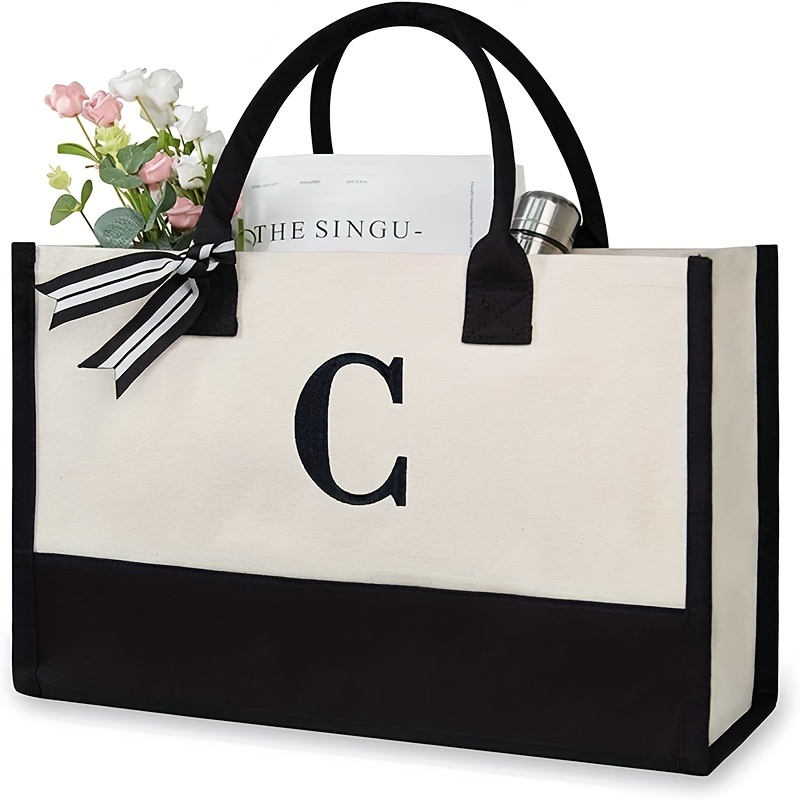 Personalized Wedding Floral Tote Bags Gift for Bridesmaid w/Initial & Name  - 8 Design - Customized Canvas Bag for Girls - Custom Beach Shoulder Bag 