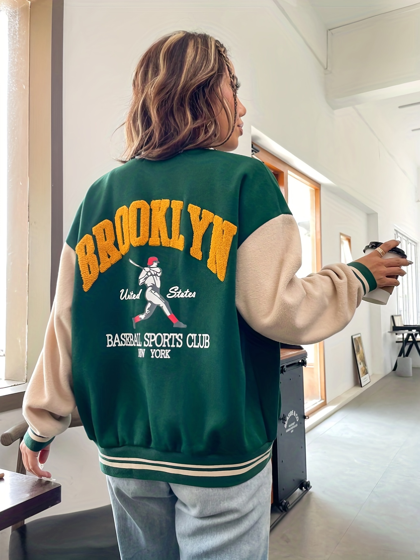 Baseball Jacket Women Letter Embroidery Contrast Sleeve Pu Leather
