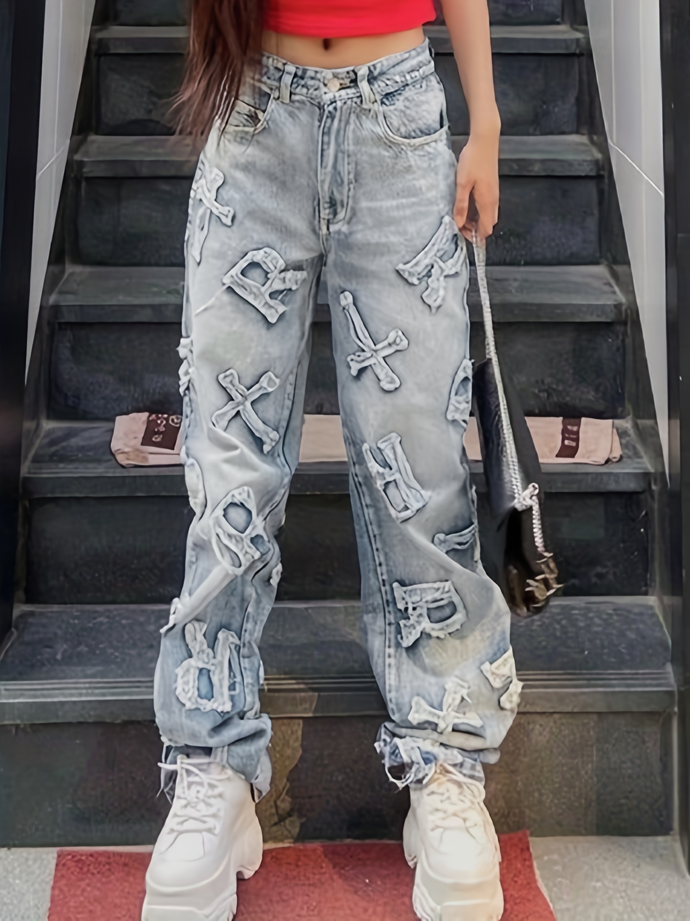 Ripped Washed Straight Pu Leather Cross Embrodiery Frayed Jeans Pants Men's  Vintage Casual Baggy Denim Trousers Oversized