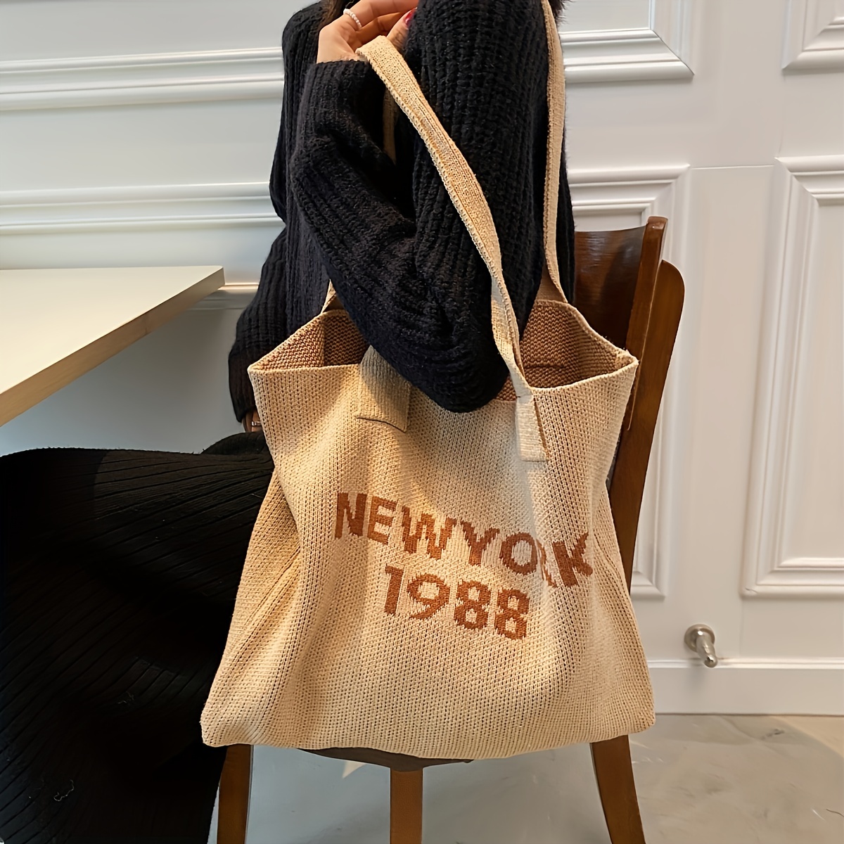 Checkered Knitted Tote Bag,Women Cute Aesthetic Shoulder Bag Large Boho Bag  for Shopping School Work Bag