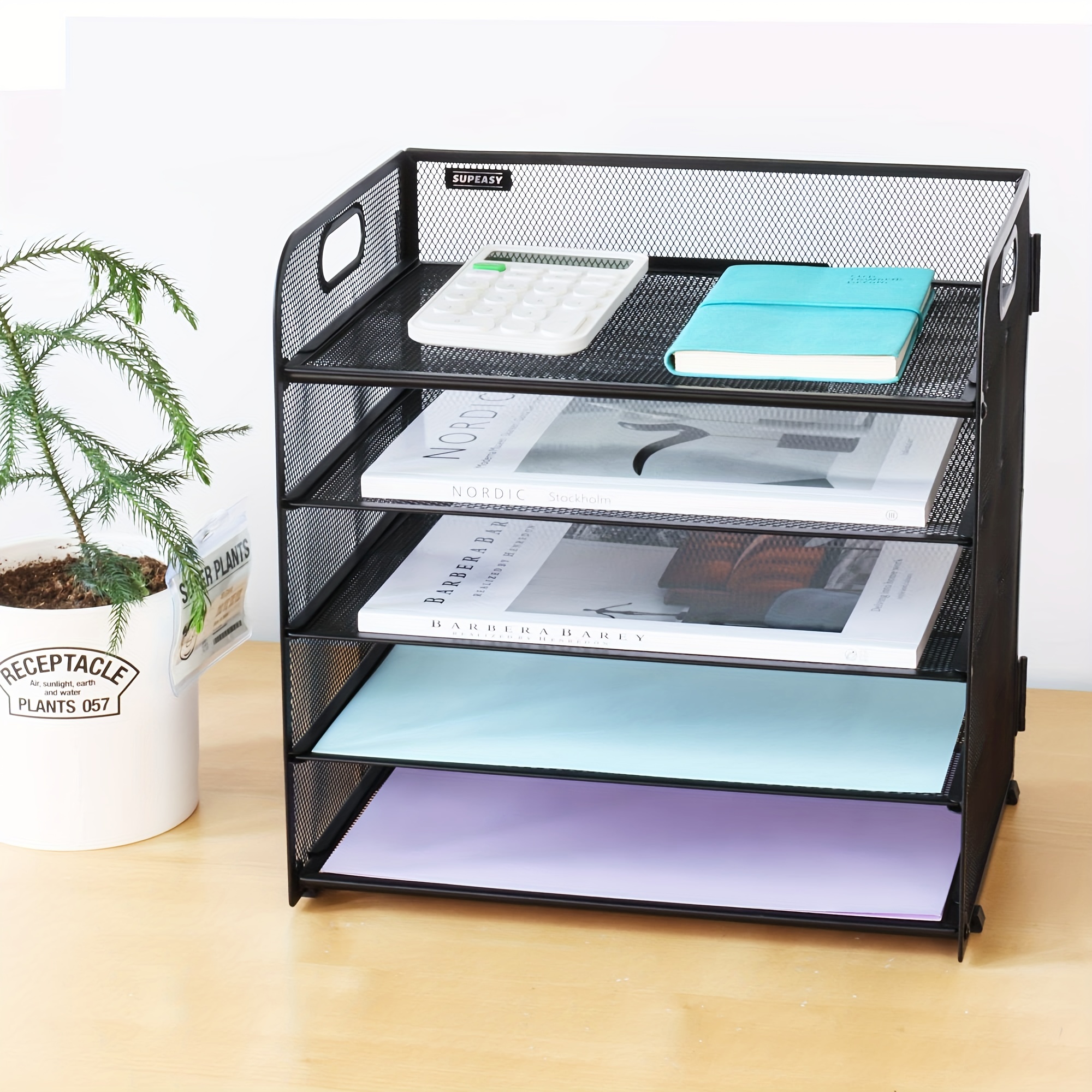 Organizador de escritorio de oficina de metal de 3 niveles, soporte de  malla para documentos de escritorio y archivos A4 con 3 bandejas planas y 2