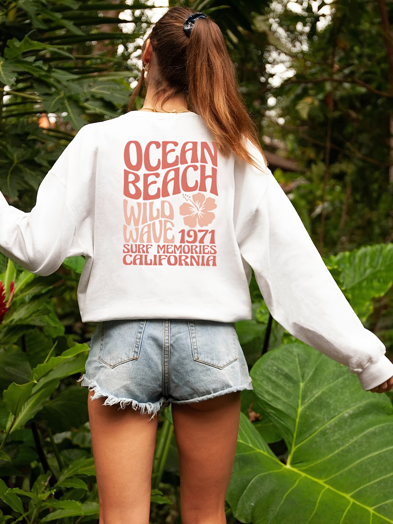 Ocean Beach Letter Print Hoodie, Casual Pocket Long Sleeve Drawstring  Hoodies Sweatshirt, Women's Clothing