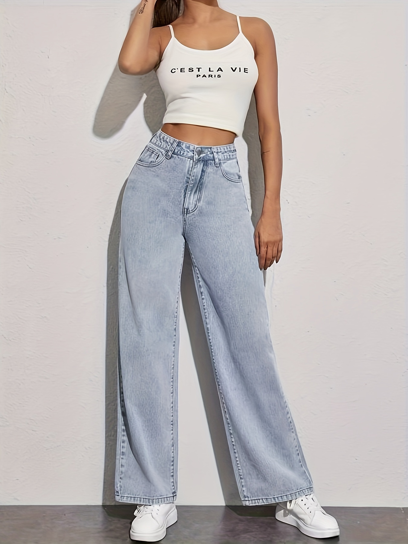 Side Flap Pocket High Waist Denim Cargo Pants Light Washed - Temu Australia