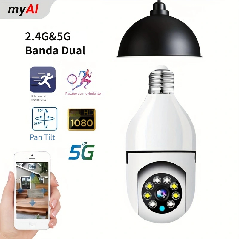 Cámara de seguridad de bombilla de 2K/3MP, 5G y 2.4GHz WiFi Alexa E27 360°  cámara de enchufe de luz para exteriores, cámara IP inalámbrica WiFi para