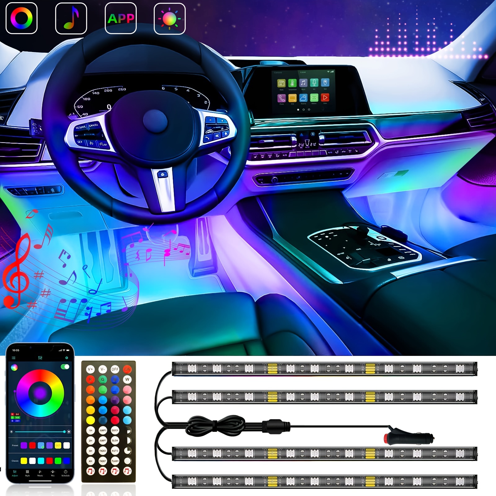 Luces interiores de coche, tira de luz LED para automóvil, 5 en 1 con fibra  óptica de 236.22 pulgadas, 16 millones de colores y 29 modos de escena