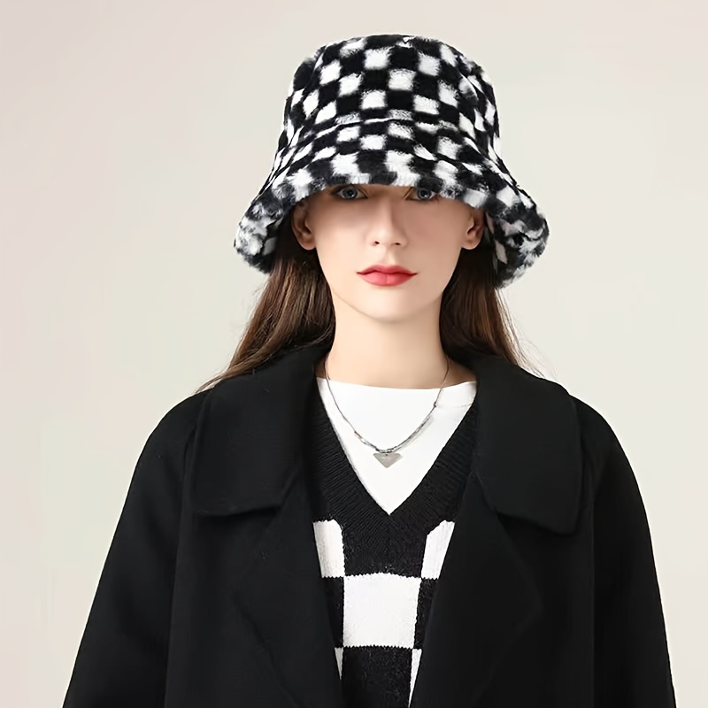 Cow Print Fuzzy Bucket Hat For Women Classic Black & White Coldproof Basin  Hats Thick Winter Fisherman Cap