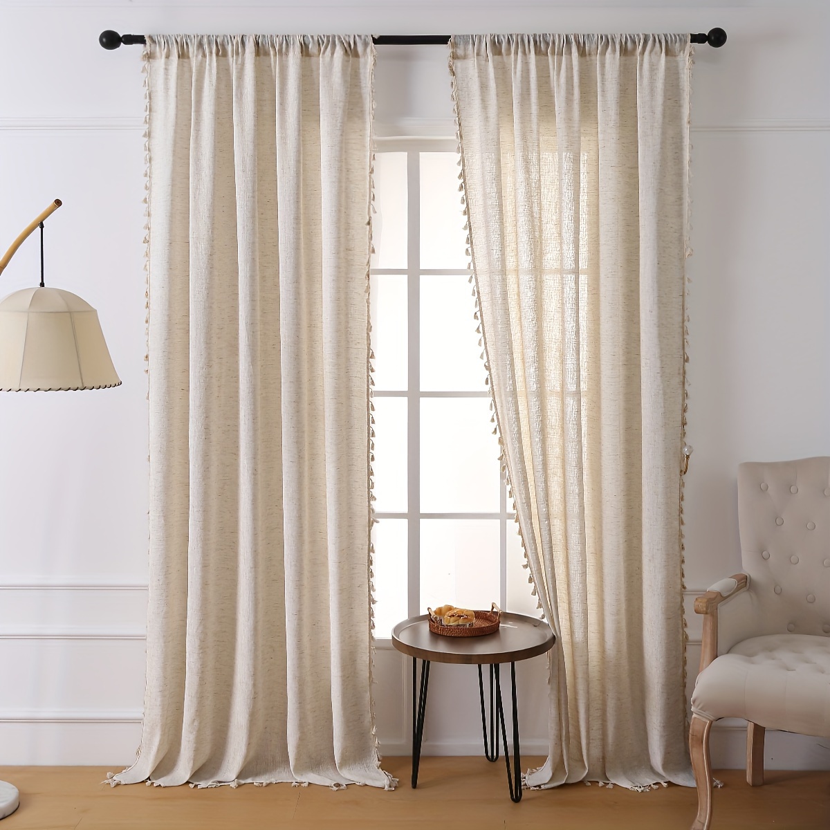 Cortina blanca de 84 pulgadas de largo para dormitorio, mezcla de lino  semitransparente, con bolsillo para barra, cortinas para tratamiento de  ventana
