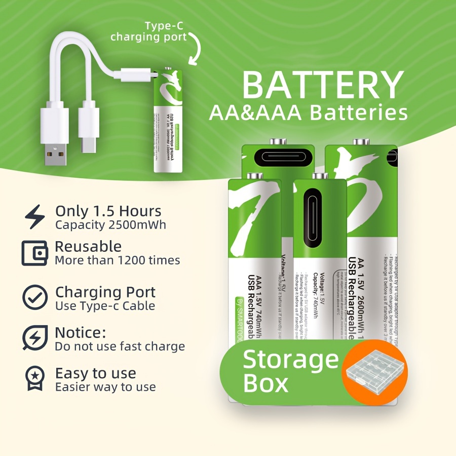 USB Rechargeable 1.5V Lithium Batteries AA Size Long-Lasting Double a  Battery 2600mwh - China Battery, Rechargeable Battery