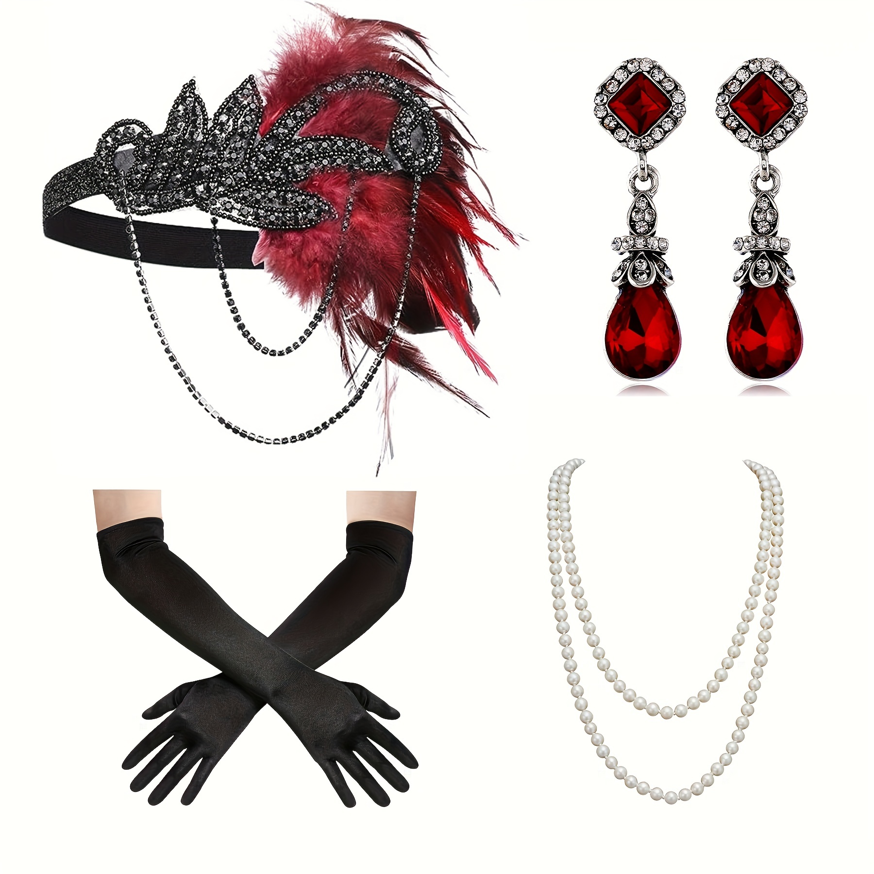 1920s Flapper Gatsby Costume Accessories Set 20s Flapper Headband Pearl  Necklace Gloves Cigarette Holder Baroque Earrings Banquet Costume