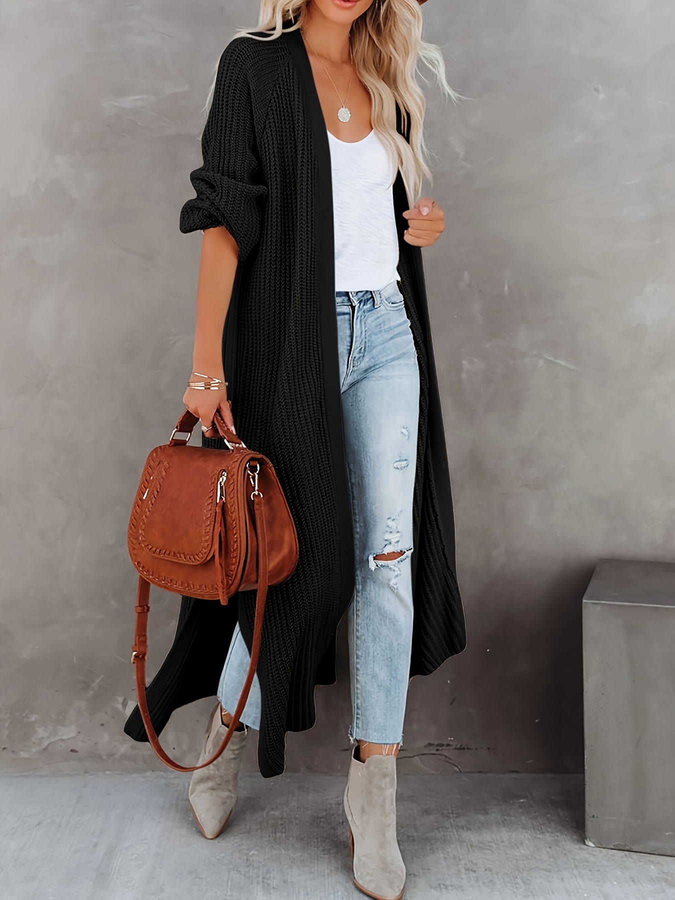 Collarless hooded color hot sale block longline cardigan