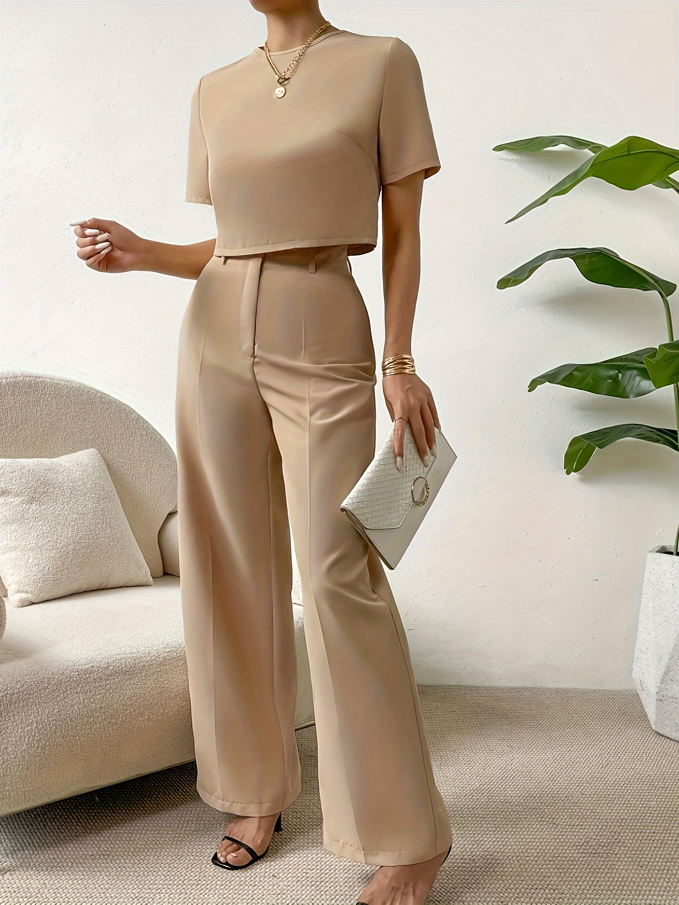 Solid Ribbed Two-piece Set, Slit Hem Sleeveless Tube Top & Flare Leg Pants  Outfits, Women's Clothing