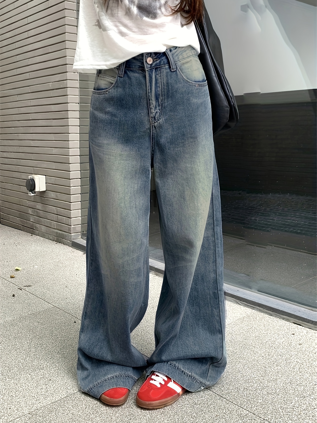 High Waist Casual Straight Jeans Flap Pockets Street Style - Temu Canada