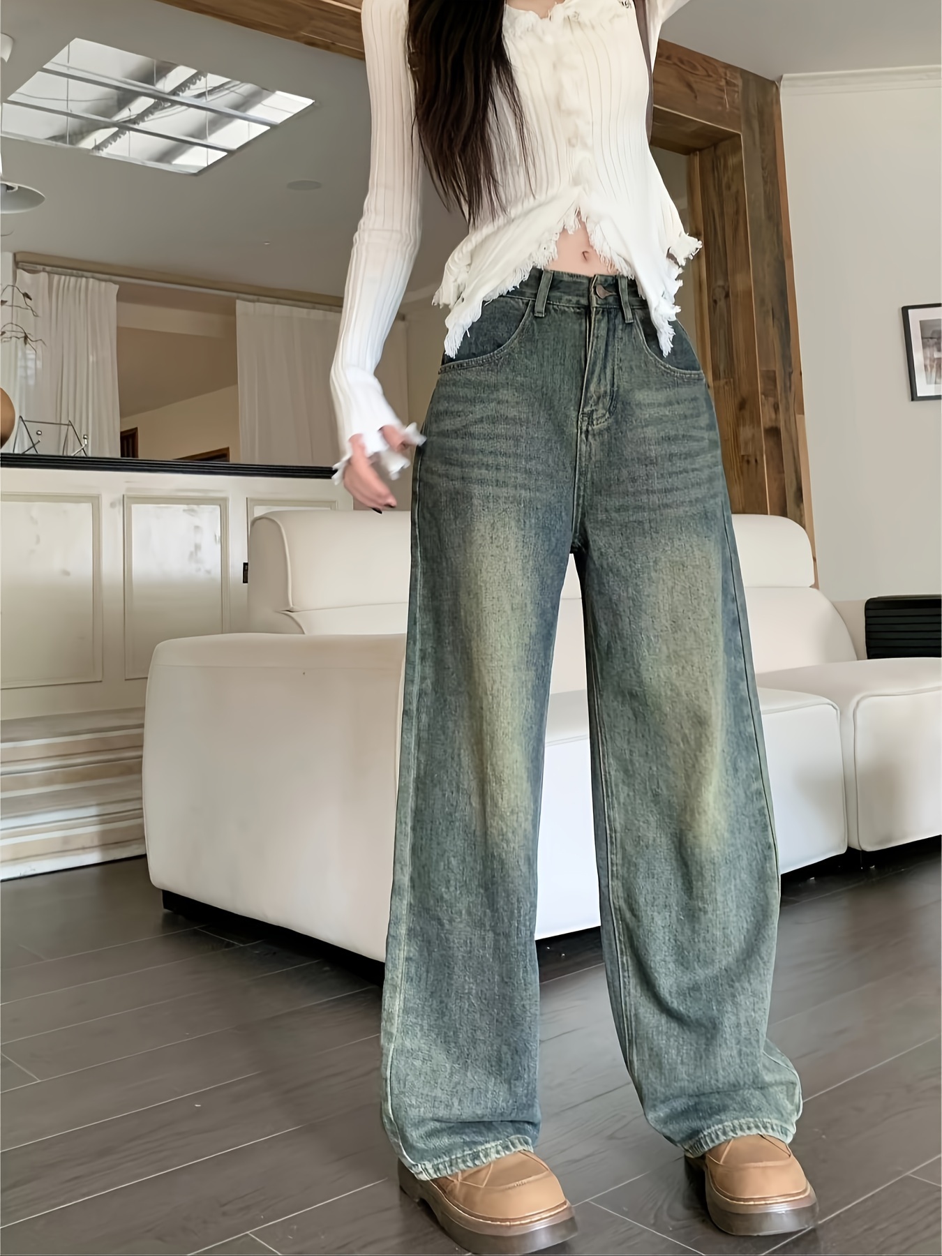 Washed Wide Leg Baggy Jeans, Solid Color Loose Fit Street Grunge Style  Boyfriend Denim Pants, Women's Denim Jeans & Clothing