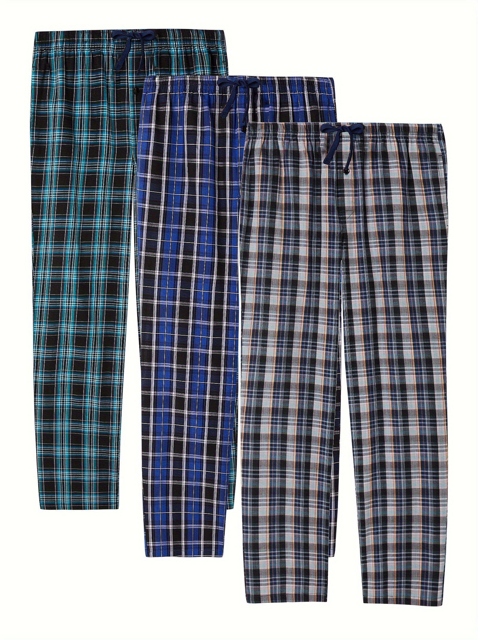 Pantalon d'interieur, bas de pyjama homme en flanelle de coton, carreaux  bleu