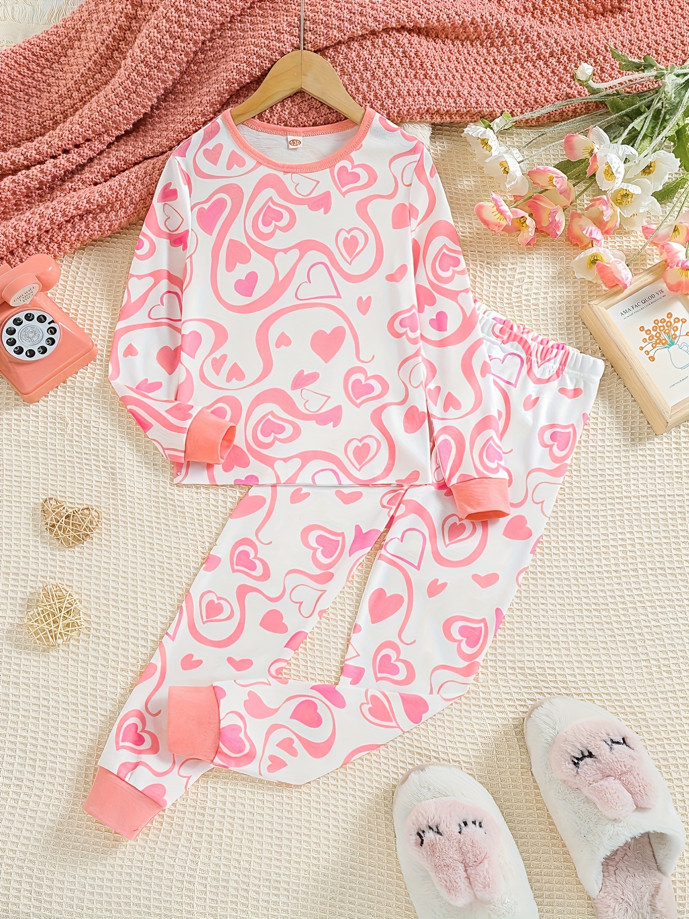 Girls Sweet Heart Love Print Outfits Casual Comfy Sets - Temu