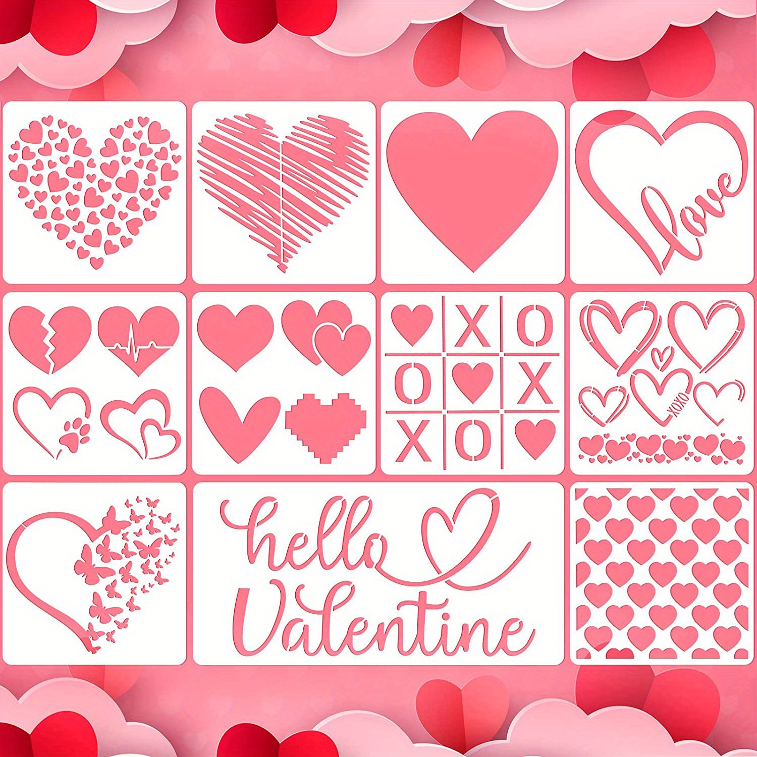 9 Pieces Valentine's Day Heart Stencils Reusable Love Heart Stencil Template