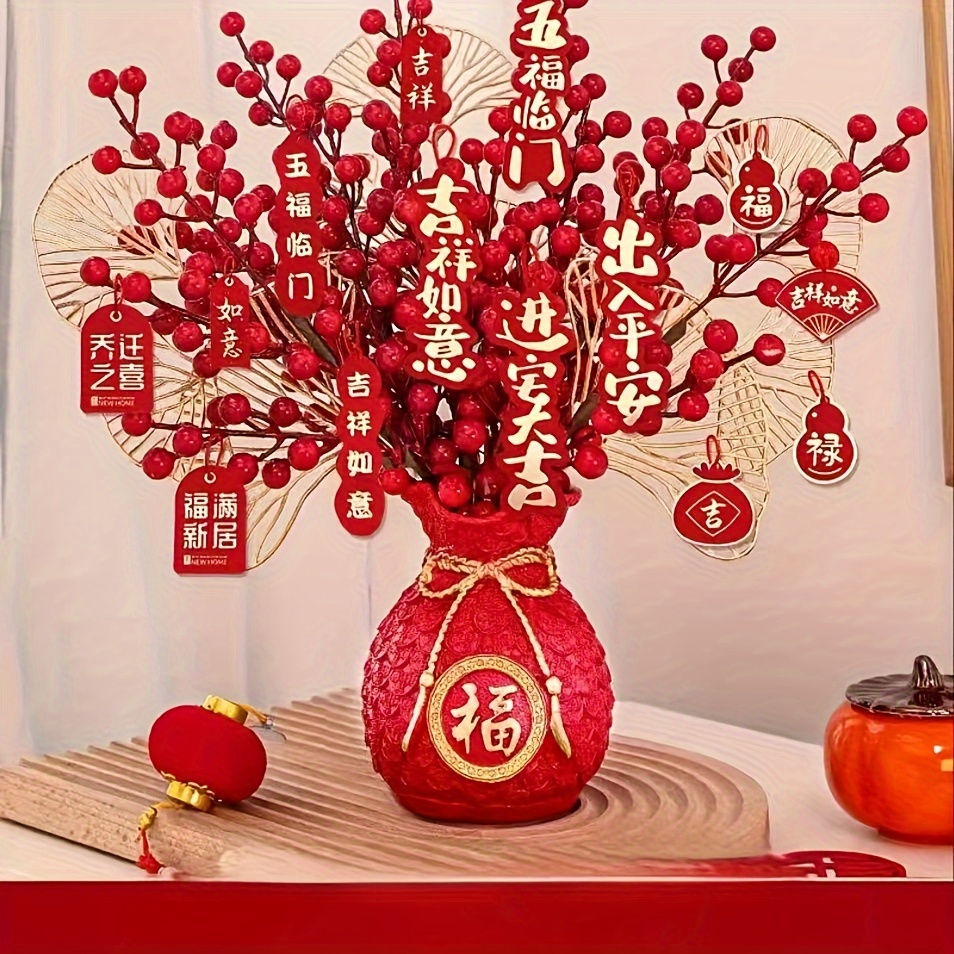 Chinese New Year Decoration Ornaments Artificial Branches, Lucky Character  Hanging Pendants for Desktop Indoor Living Room Home Decor 