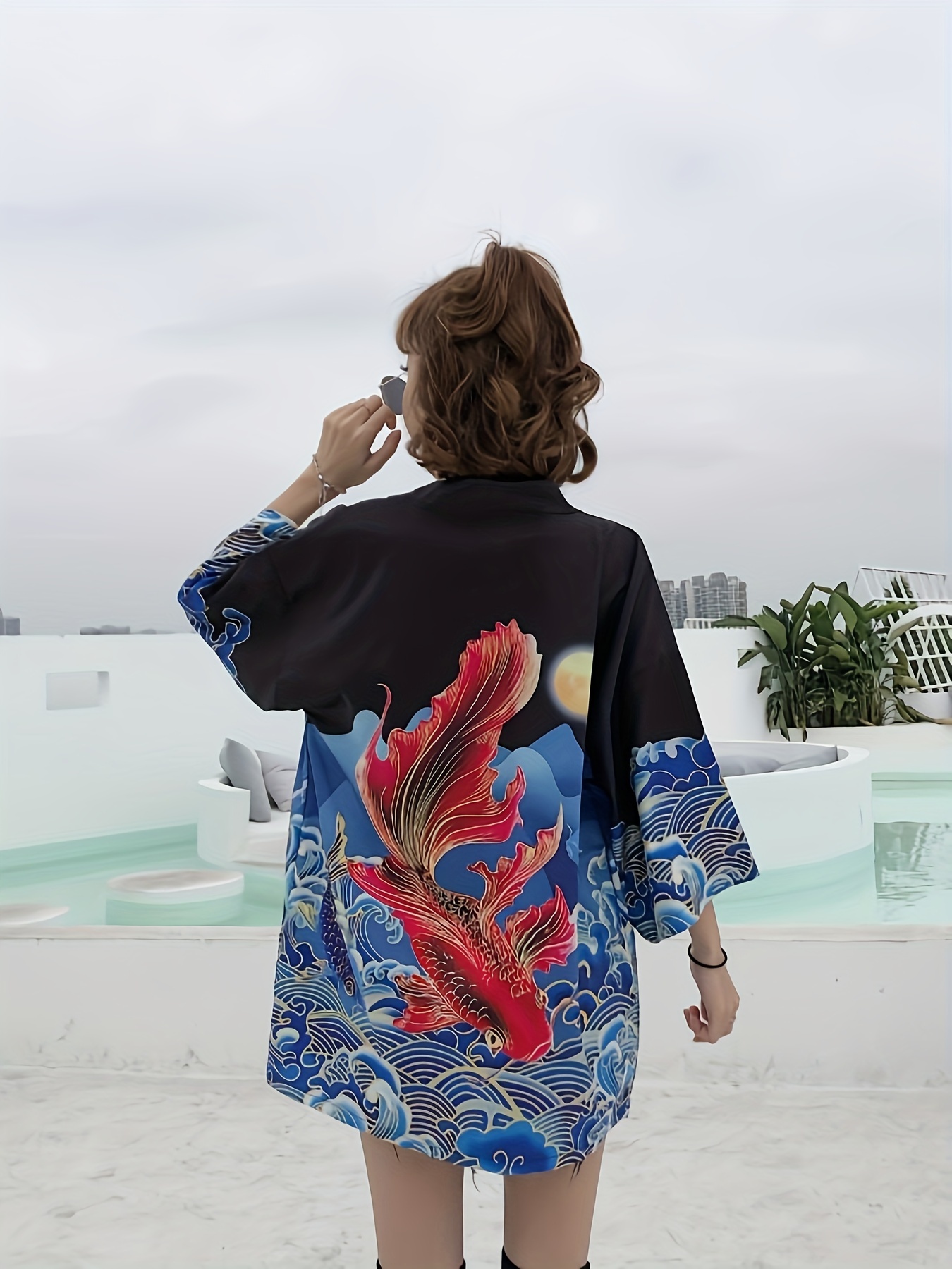 Flower fish print on sale kimono style jacket