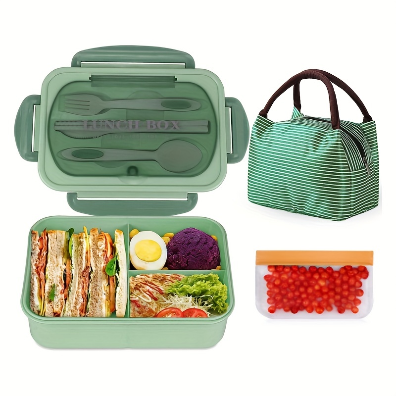1set 1200ml Plastic Lunch Box With Utensils, Bag And Microwaveable