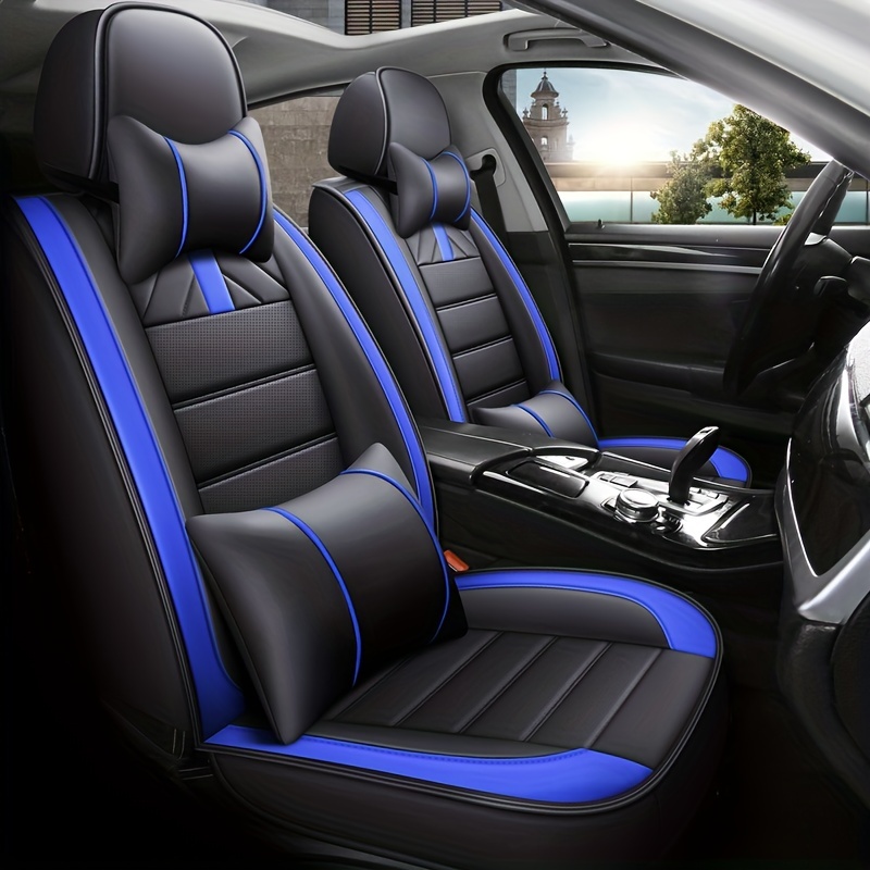 OUTOS Luxury Leather Auto Car Seat Covers 5 SEATS Full Set Universal Fit(Black-Blue)