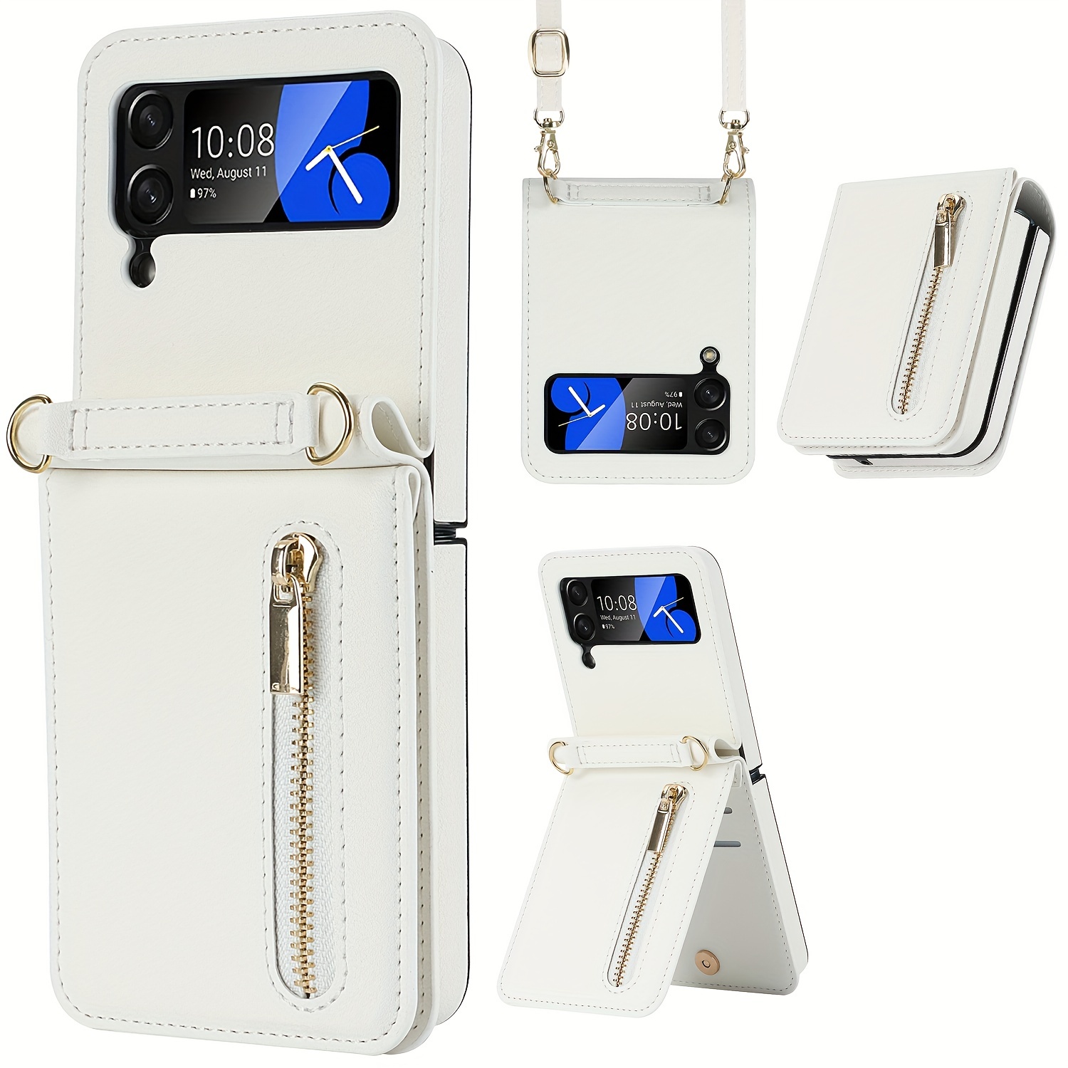  Cadena de piel sintética para Samsung Galaxy Z Flip 5G Z Flip 1  2 Z Flip 3 Z Flip 4, funda para cartera, ranuras para tarjetas, collar,  correa con cordón, color