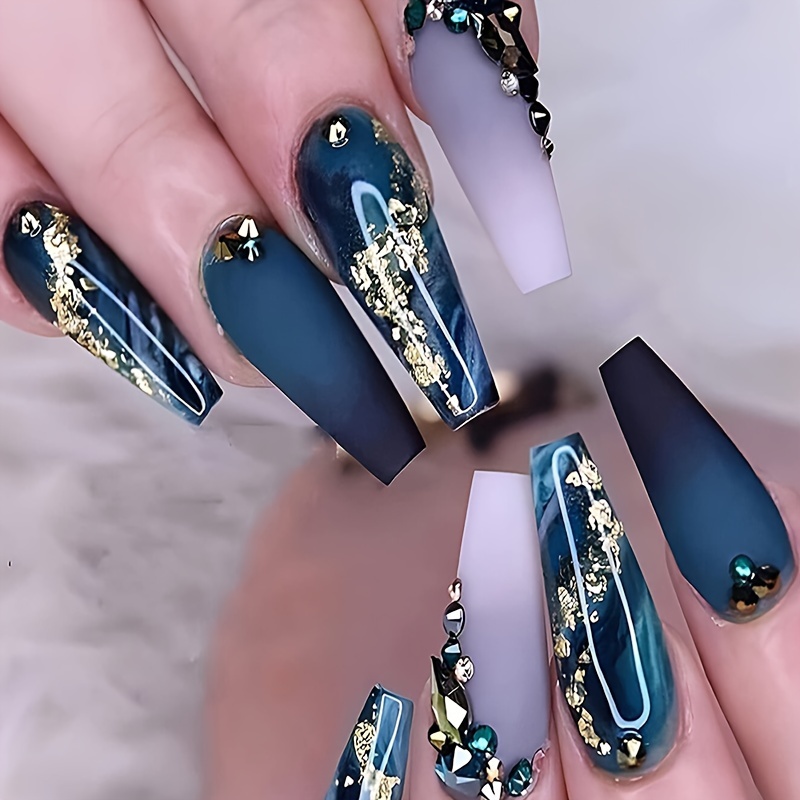 Black Gold Foil Press on Nails Long Fake Nails Acrylic Ballet French Black  Ink Gold Foil adhesive tape on Nails Design Nails for Women and Girls 24