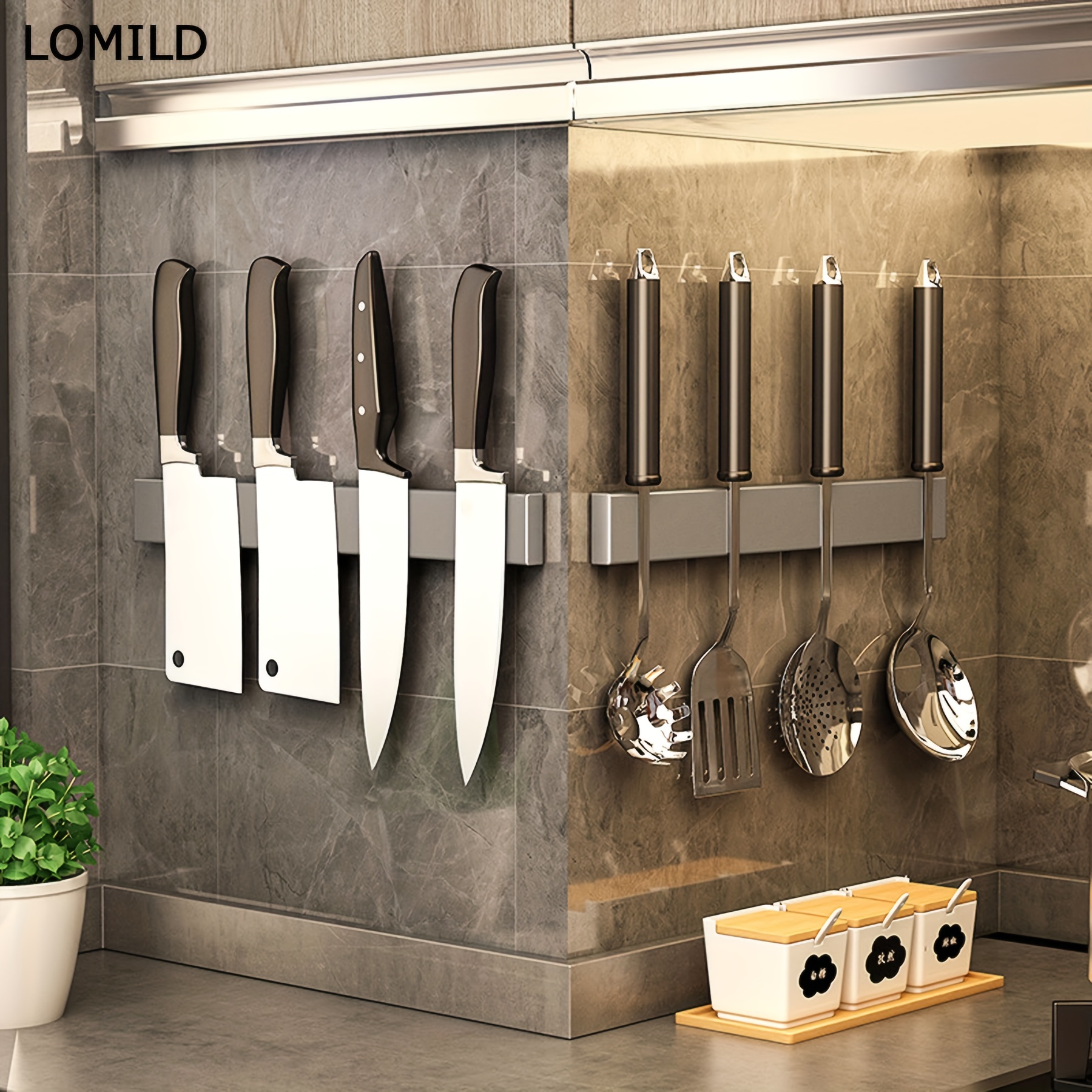 18 inch Magnetic Knife Holder for Wall Mount-Magnetic Knife Strips with 12 Hook-304 Stainless Steel Wall Magnetic Knife Bar Rack-Knife Block-Knife