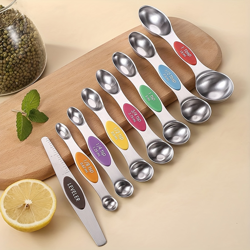 9pack Magnetic Measuring Spoon Set Stainless Steel Measuring Spoons Stackable Double-Sided Teaspoons Metal Accurate Measuring Spoons for Home Kitchen