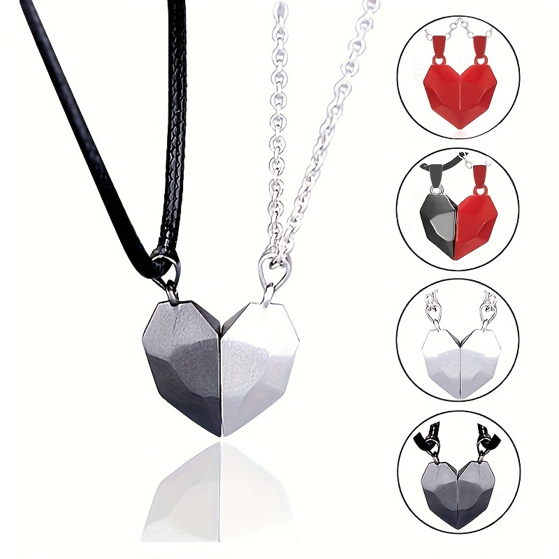 Customized Engraved Personalized Two Heart Pendant Magnet Necklaces for Couple Matching Necklace Anniversary Gifts for Woman Her (Customization Can