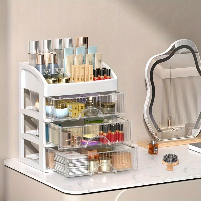Organizador de almacenamiento de maquillaje, organizador de maquillaje de  gran capacidad con cubierta visual transparente, asa de 3 capas, caja de