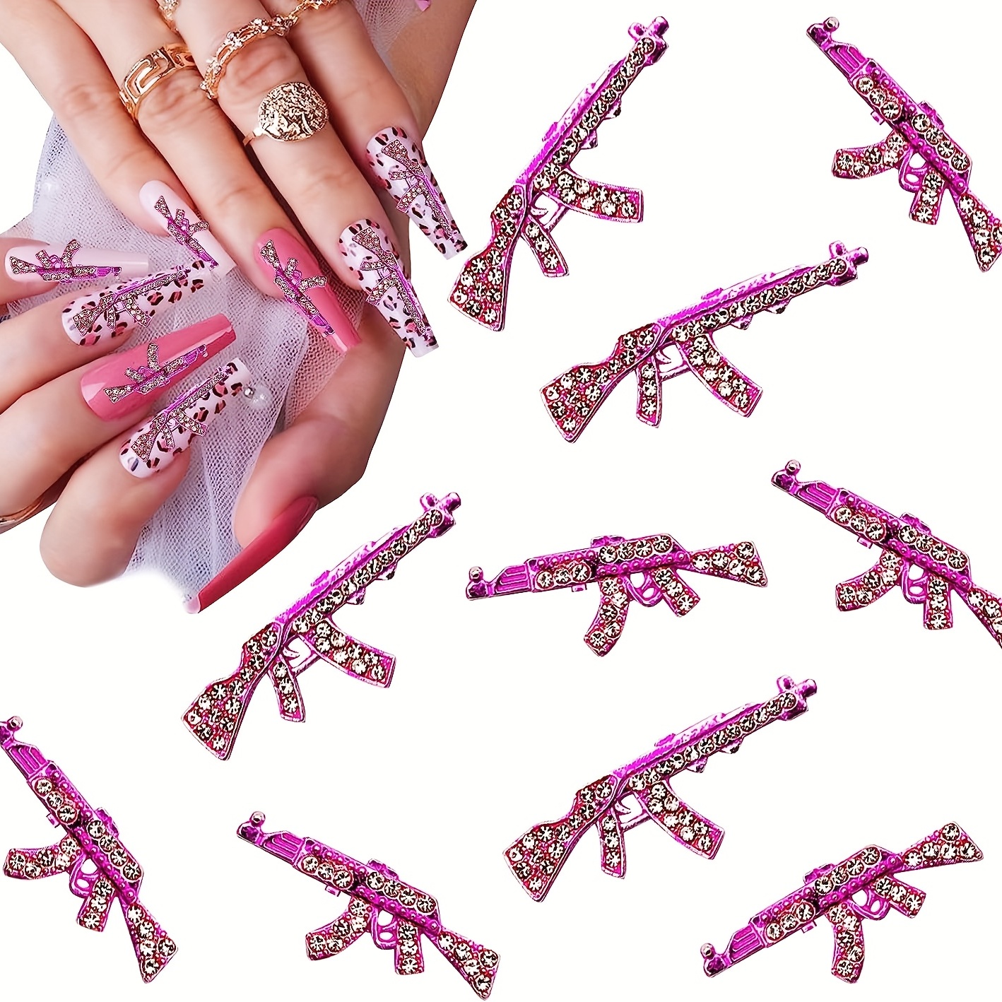  Shiny Diamonds Alloy Gun Nail Charms,3D Metal Gun Nail Art  Charms AK Weapon Nail Charm Gun Charms for Nails Gold Rifle Guns Nail  Jewels for Nail Art Decorations Rhinestones Nail Accessories,10pcs/Set 