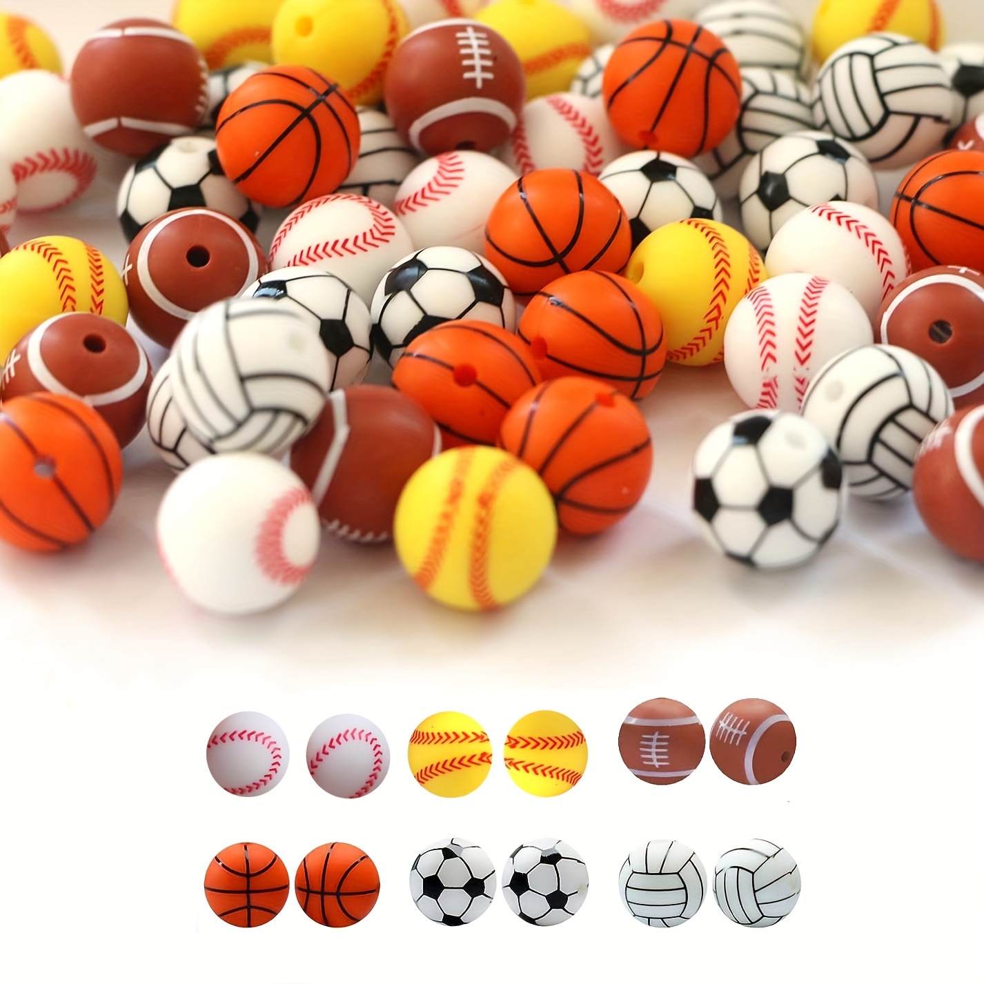 Bracelet Charms Bulk Baseball Softball Football Round DIY Silicone Beads Soccer Basketball Volleyball Silicone Accessory Kit for Keychain Making