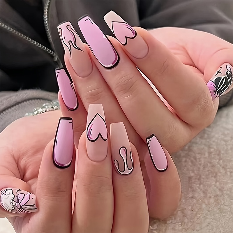 French Tip Press on Nails Long Square False Nails Tube Shape Pink Acrylic  Nails with Rhinestones 3D Cat and Heart Bow Designs Glue on Nails Glitter