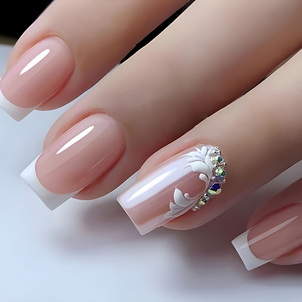 24pcs Medium Press On Nails Ballerina Fake Nails Full Cover White French  Tip False Nails With Pearl And 3D Bow Design Acrylic Artificial Nails Glossy