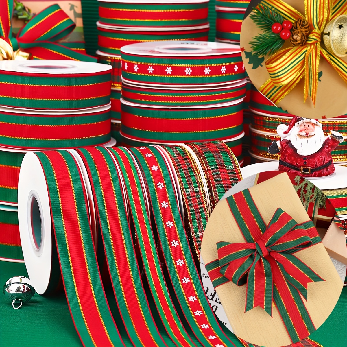 3 Rolls Raffia Ribbon, 1/4 by 492 Feet Red Green Kraft Gift Ribbon,  Christmas Ribbon Packing Paper Twine Ribbon for Gift Wrapping, DIY  Christmas