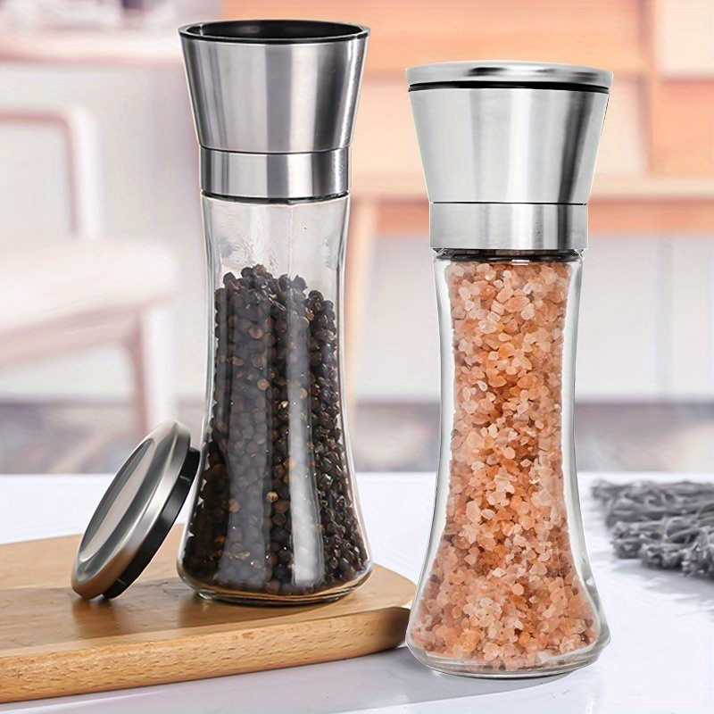 1pc Black Manual Grinder With Glass Bottle, Salt & Black Pepper