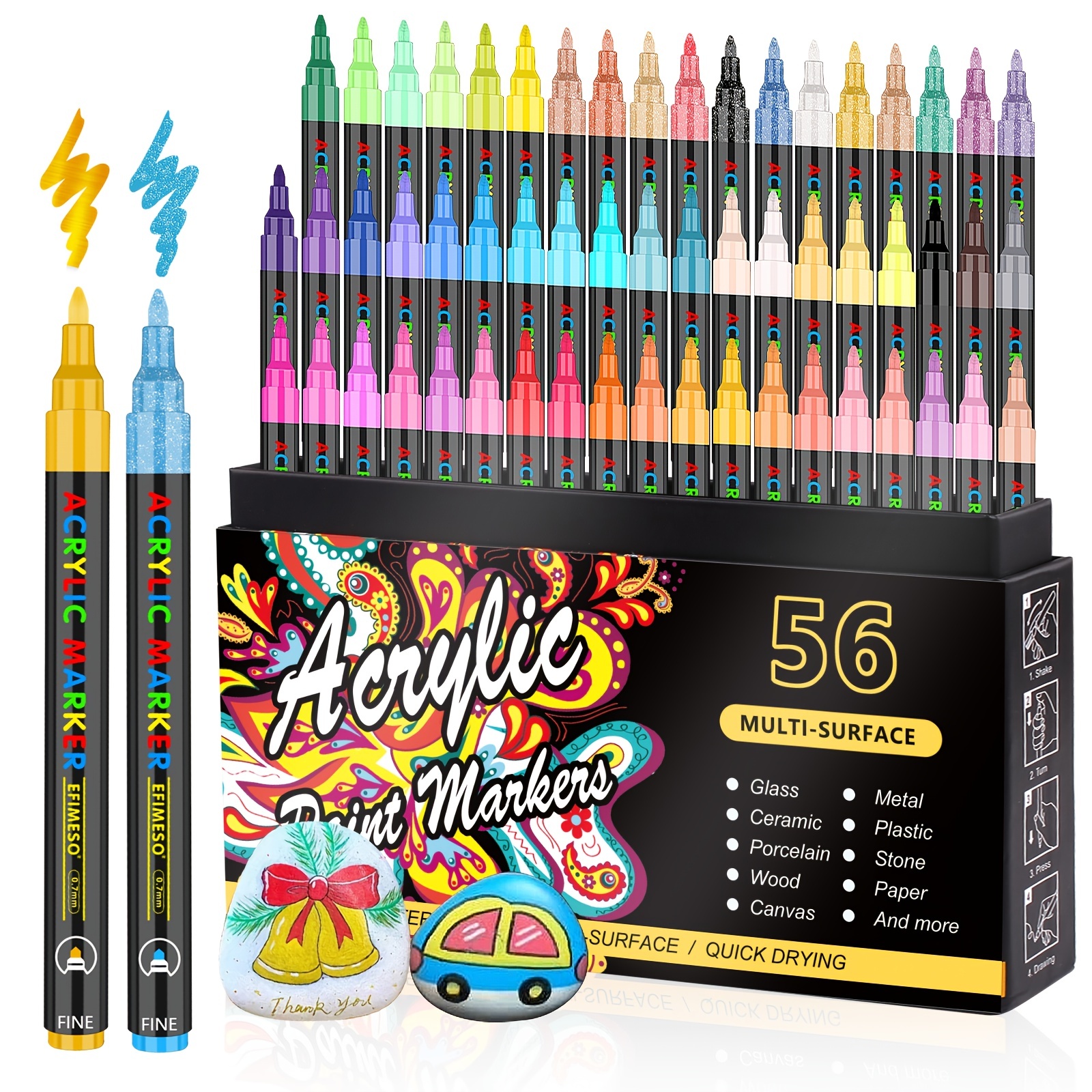 ARTISTRO Acrylic Paint Pens 24 with 2 Metallic Markers Gold & Silver Extra Fine and Medium Tip + Chisel, Paint Markers for Canvas, Metal, Rocks