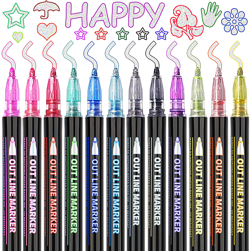 Shimmer Markers Outline Double Line: 24 Colors Glitter Metallic Pen Set  Super Squiggles Sparkle Cool Fun Fancy Self Sparkly Kids Age 4 8 10 12 Girl