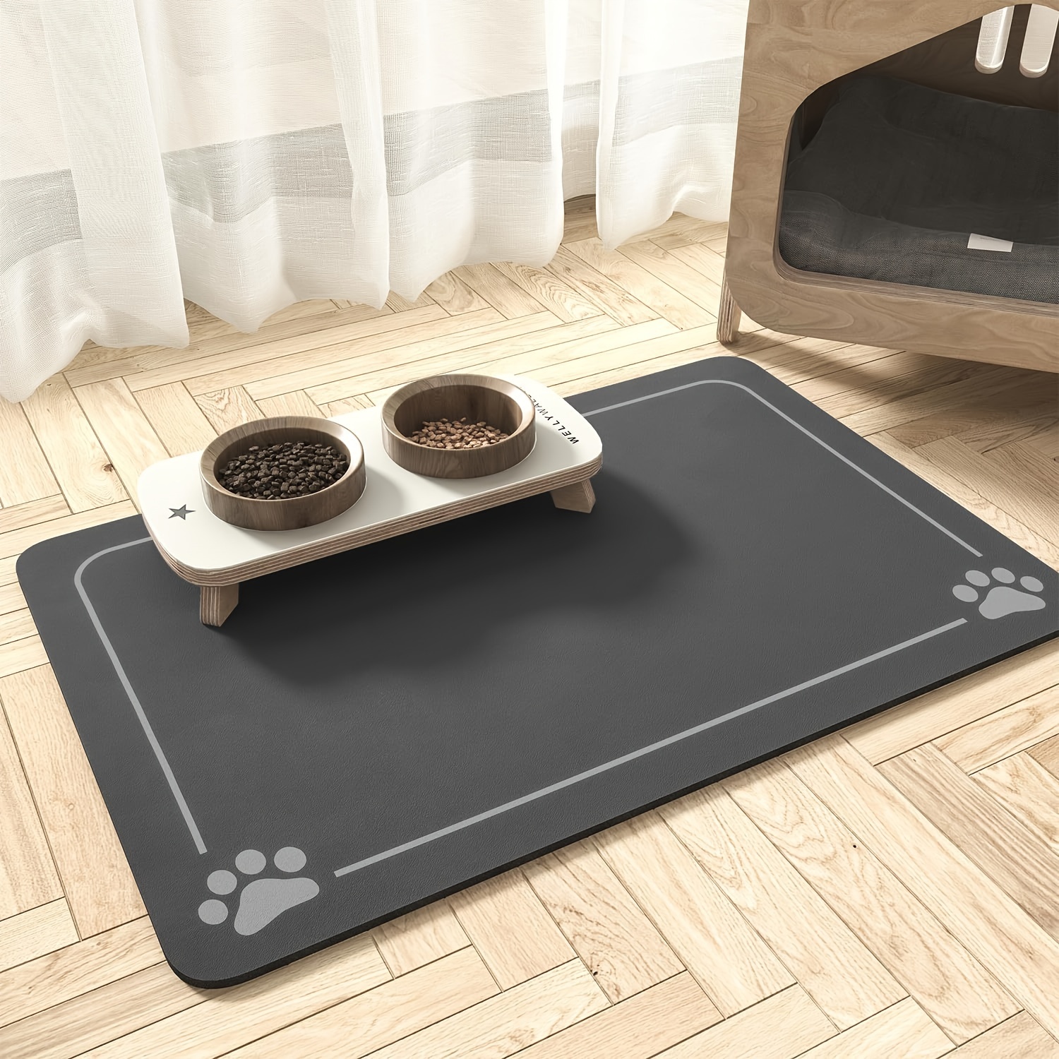 Pet Mat with Non-Slip Backing, Dog Food Bowl Mat, Four Decorative